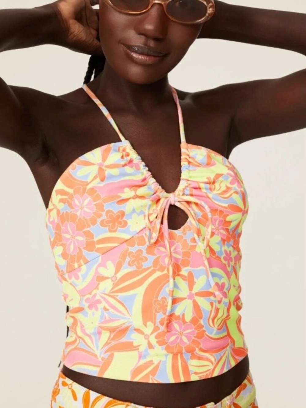 Nicole Miller Ruched Floral Halter Criss Cross Top - Pink/Orange/Yellow